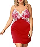 MALOLI Grande Taille - Lingerie Sexy Nuisette Satin Dentelle Transparente Chic Femme Sexy Babydoll Séduction Coquine Ouverte Tenue Hot Dessous Neglige Grande Taille (Rouge, 3XL)
