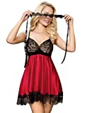 ohyeahlady Chemise de Nuit Femme Satin Col V Nuisette Deshabillé Dentelle Dessous Grande Taille Ensemble de Lingerie 2Pcs sous Vetement(Rouge,3XL-4XL)