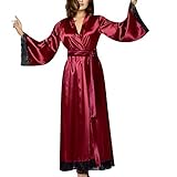 DEELIN Femmes Casual Lâche Soie Long Peignoir Homewear Elégant Dentelle-Paneled À Manches Longues Dressing Robe De Bain Robe Babydoll Lingerie Chemise De Nuit