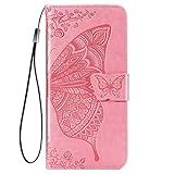 TANYO Papillon Coque Folio pour Google Pixel 4A 4G (Not for 5G Version), Housse Étui en PU/TPU Cuir Flip Portefeuille avec Espèces et Carte Fente, Téléphone Case Protection Cover - Rose