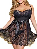 ohyeahlady Femme Nuisette Babydolls Lingerie Robe en Dentelle Floral Vêtement de Nuit Pyjamas avec Bretelle Transparente et Respirante, Noir2, 5XL=EUR 48-50