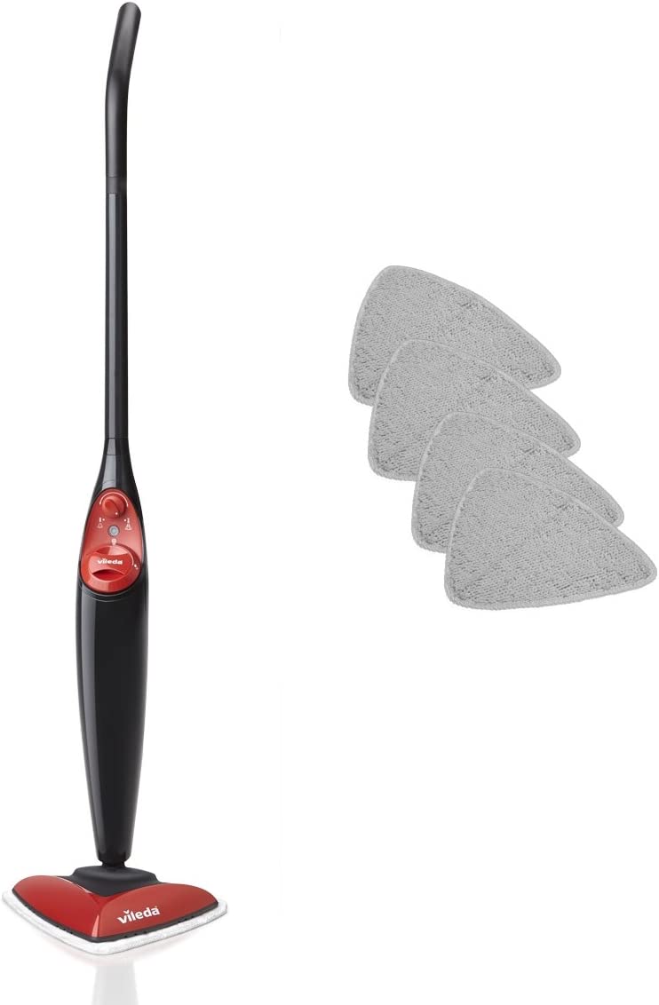 Vileda Steam Balai à Vapeur, câble 6 m 4 chiffons 17x77x27 cm noir/rouge