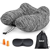 iCOOLIO Oreiller de Voyage Gonflable pour la Voiture, Le Train et l'avion, Coussin pour Le Cou, avec Masque de Sommeil, Bouchons d'oreille et Sac de Transport léger avec Housse Lavable
