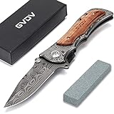 GVDV Couteau Pliant Poche avec Pierre à Aiguiser - Couteau Pliable de Survie Chasse en Acier Inoxydable 7Cr17, Lame Revêtue de Titane, Poignée en Bois, Blocage de Sécurité, Boucle de Ceinture