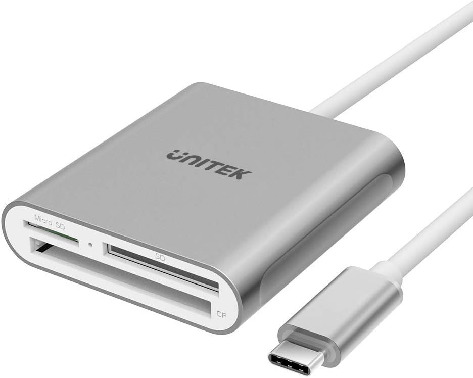 Unitek Lecteur de cartes USB C en aluminium 3 emplacements USB 3.0 Type-C pour appareil USB C, prend en charge la carte mémoire compacte SanDisk et Lexar Professional CompactFlash 2.4 x 2.3 x 0.6 0,3 m gris/USB C.