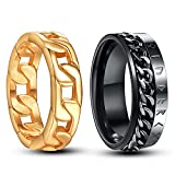 NUNCAD Bague Spinner pour Homme Femme, Bague Rune Viking en Acier Inoxydable, 2pcs Anneau de Chaîne en Noire/Or Taille 62(19.84)
