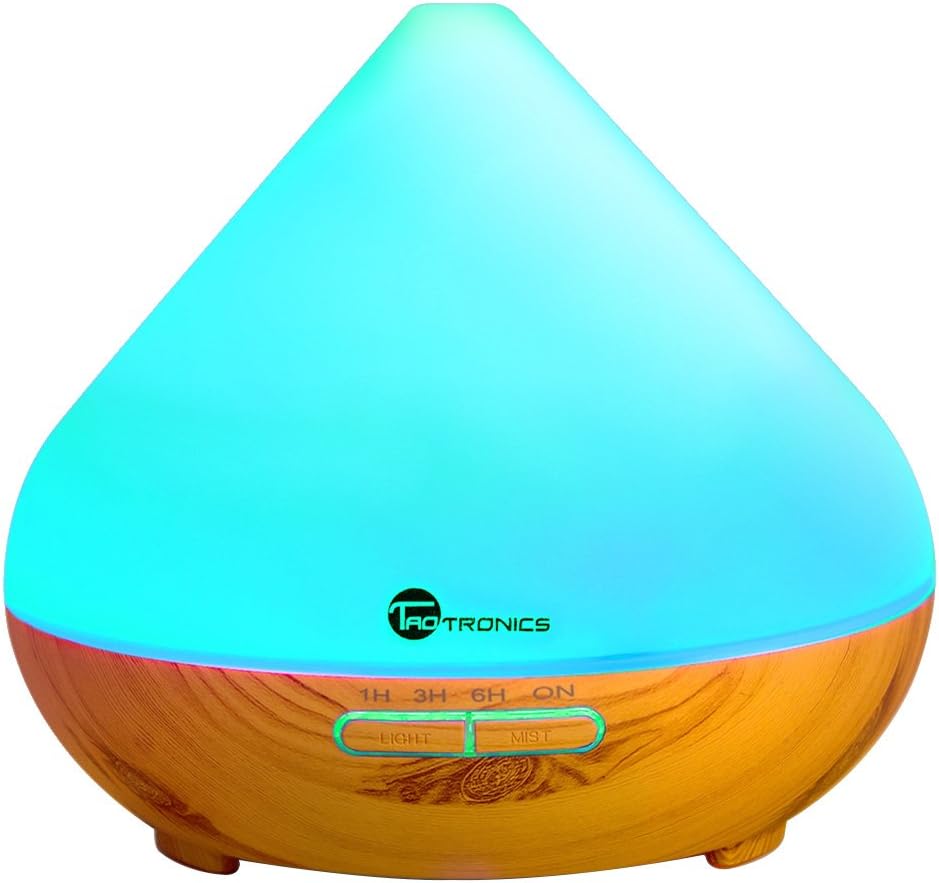 Humidificateur Ultrasonique DIKI 300 ml Aroma Diffuseur d'Huiles Essentielles Brume Fraîche Arôme Diffuseur de Parfum avec Prise UE Lumière LED Couleurs Changeantes pour SPA, Yoga, Maison, Bureau, avec Fonction d'Arrêt Automatique (bleu)