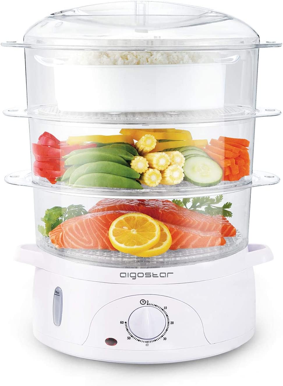 Aigostar Fitfoodie 30CFO - Cuiseur vapeur électrique 0% BPA. Puissance de 800W, minuterie, 3 niveaux indépendants de cuisson. Cuisine saine. Design exclusif.