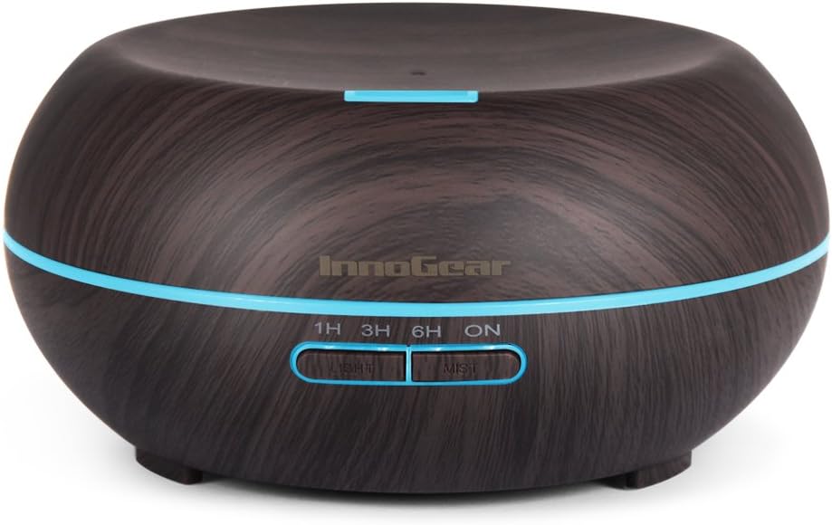 InnoGear Diffuseur d’Huile Essentielle 200ml Humidificateur à Brume Fraîche Ultrasonique Lumière LED à 7 Couleurs Arrêt Automatique Sans Eau Veinure du Foncée