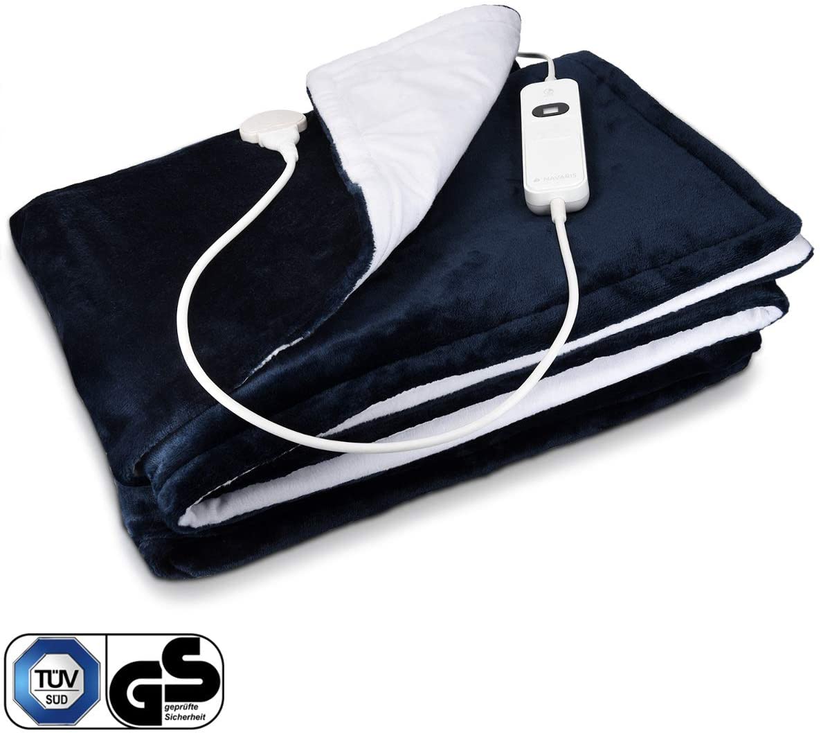Navaris Couverture Chauffante Électrique 180 x 130cm - Plaid Doux Canapé Lit - Arrêt Automatique - Protection Surchauffe - Bleu et Blanc