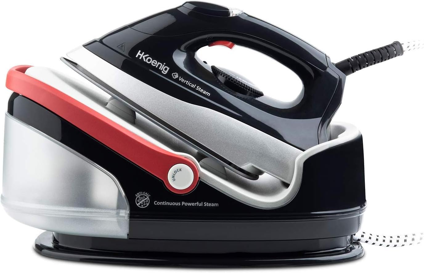 H.Koenig Centrale Vapeur Haute Pression 3.5 bars V85 puissante et continue 90 g/min, Autonomie illimitée, vapeur verticale, Semelle céramique, Rapide, Compact, Puissante 2400W, réservoir 1,7L