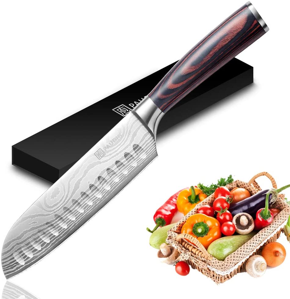Couteau de chef professionnel en acier inoxydable à haute teneur en carbone 5Cr15Mov avec poignée ergonomique N5 Santoku Knife 7'' Argenté