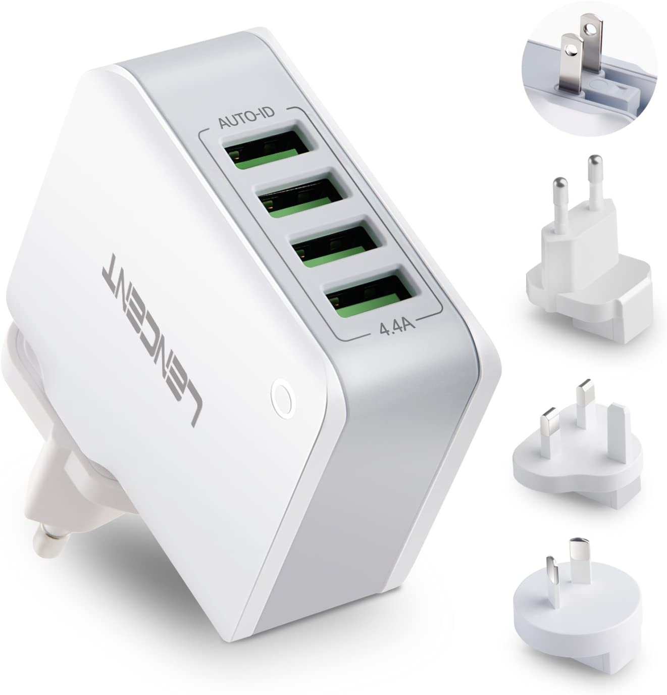 LENCENT Chargeur USB Multiple, 4 Ports Prise USB Secteur Internationale, 5V/4.4A Adaptateur Prise Anglaise/Europe/Americaine/Australie avec Technologie Smart IC pour iPhone, iPad, Smartphones et Plus