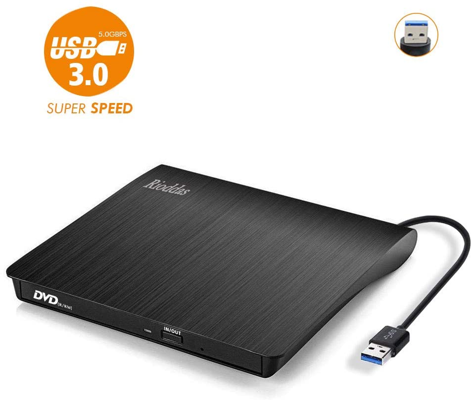 Rioddas externe USB 3.0 Portable lecteur de CD, lecteur CD/DVD +/-RW fin DVD/graveur de CD ROM Graveur SuperDrive transfert de données à haute vitesse pour ordinateur portable PC de bureau Windows et Linux OS Apple Mac noir