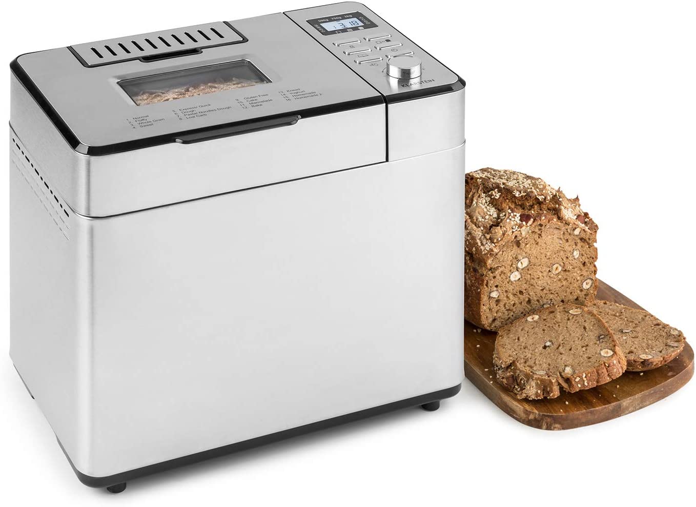 Klarstein Brotilde Family - Machine à pain, 14 programmes, 3 degrés de cuisson différents, fonction réchauffage, minuterie, écran LCD, fenêtre de visualisation, doseur d'ingrédients, inox
