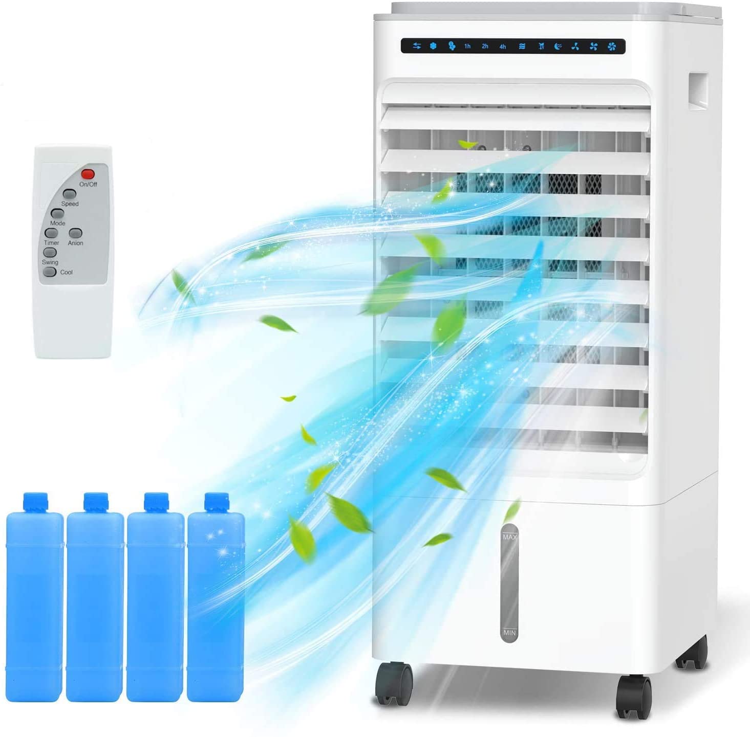 Nobebird Rafraichisseur D’Air Portable, 4 en 1 Climatiseur Mobile Ventilateur Purificateur Humidificateur avec avec Roues et Réservoir d'eau 5L, 3 Modes,3 Vitesses, Télécommande, Minuterie