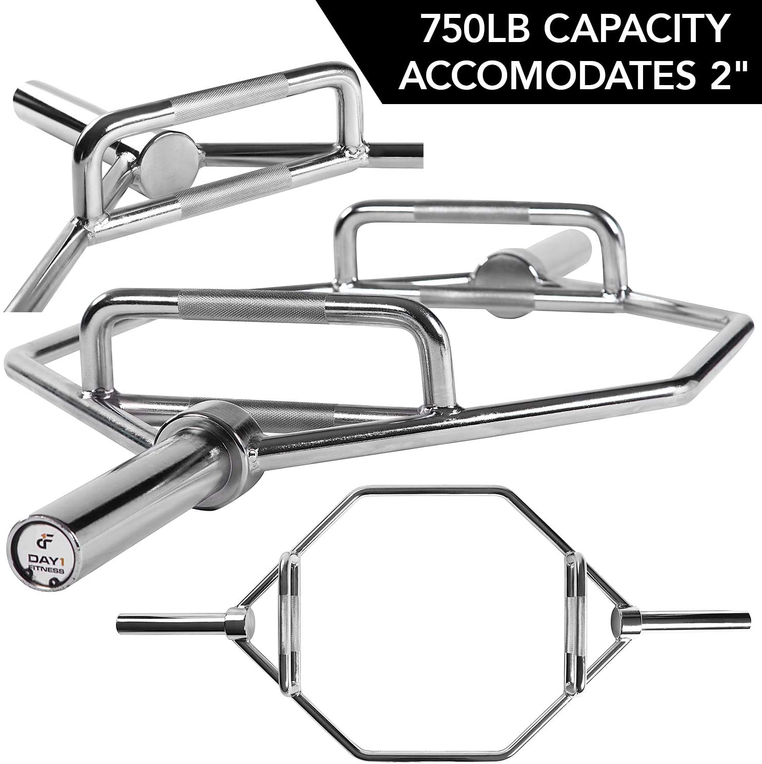 D1F Barre hexagonale olympique 5,1 cm pour haltérophilie – Capacité de 750 kg – Barres de levage hexagonales argentées avec poignées moletées pour haltérophilie – Barbell standard pour musculation