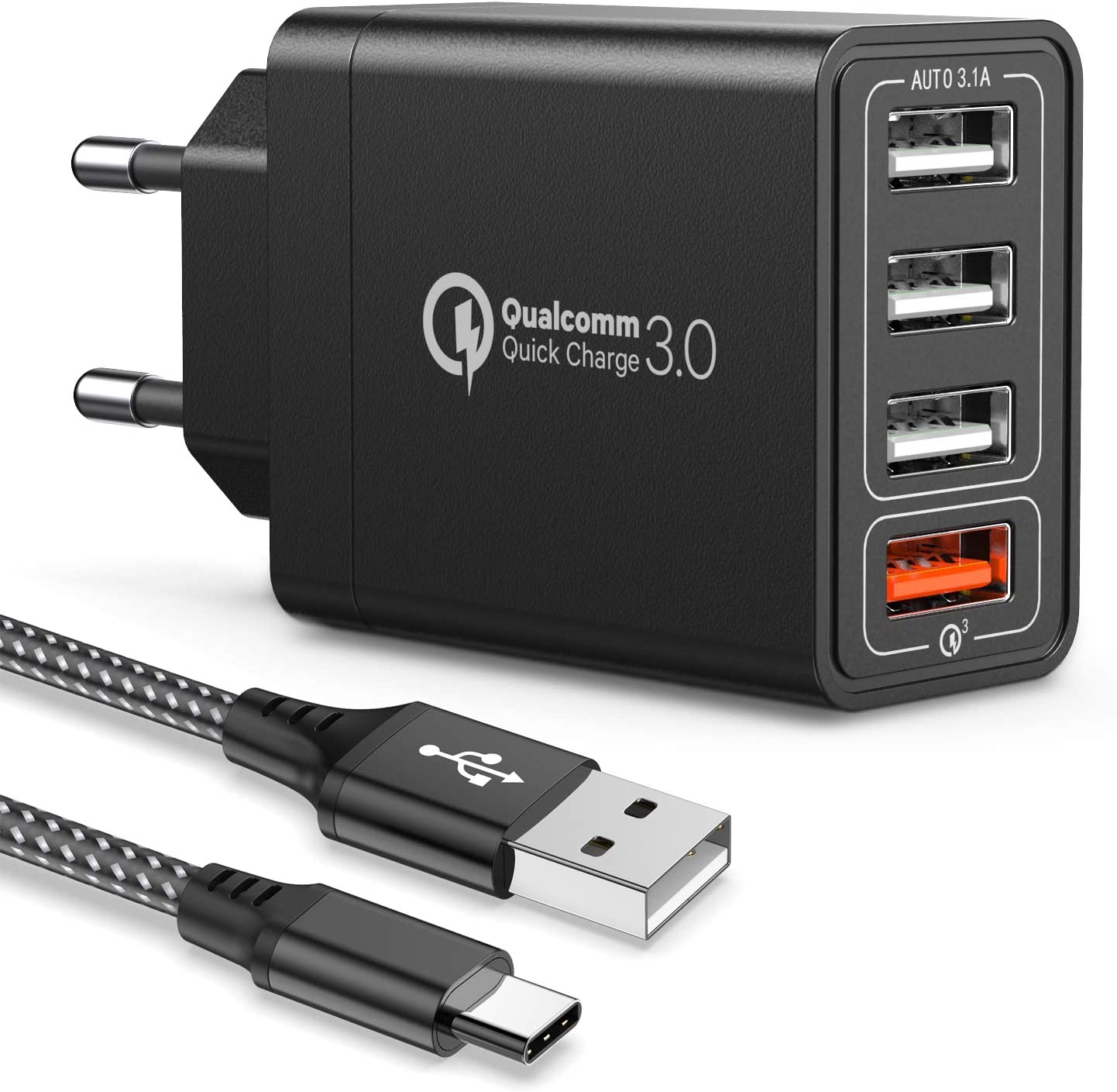 JOOMFEEN Quick Charge 3.0 Chargeur Secteur USB et Câble USB C,QC 3.0 30W/6A 4 Ports Chargeur Mural Rapide Adaptateur Secteur USB Multiple Universel pour Samsung Galaxy S10/S9/S8 Plus/Note 8,Huawei