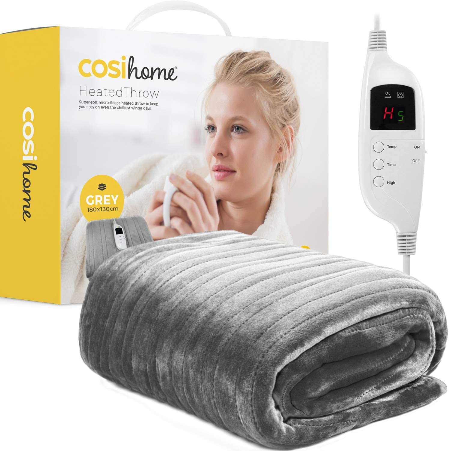 Cosi Home Couverture Chauffante Luxe électrique - Toile extra-large lavable en machine avec télécommande numérique, minuterie et 9 réglages de chaleur (Gris)
