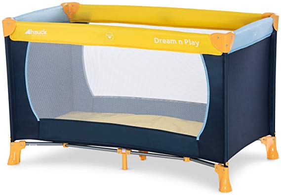 Hauck / Dream N Play / Lit Parapluie 3 Pièces / 120 x 60 cm / Naissance à 15 kg / avec Matelas et Sac de Transport / Pliable / Transportable / Inversable / Yellow Blue Navy (Bleu Marine)