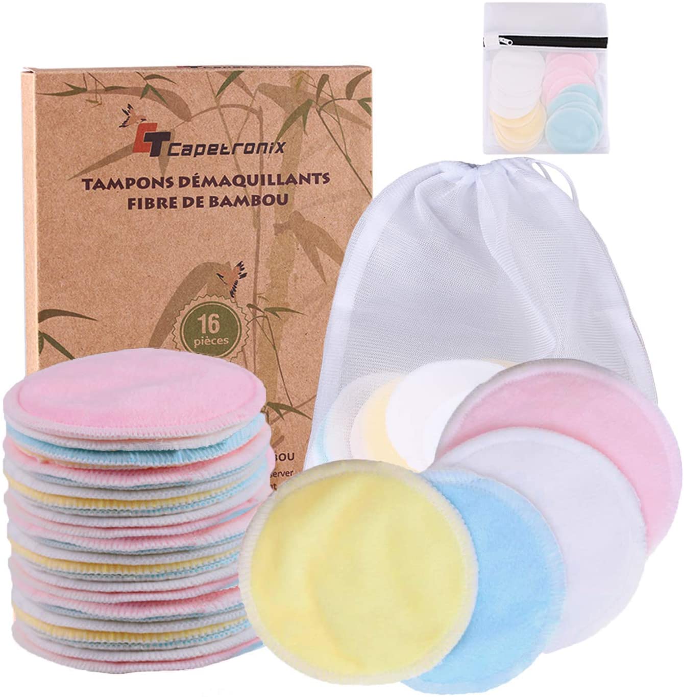 Tampons Démaquillants fibre de bambou丨disques coton demaquillant lavable丨(16pcs) + 2 Sac de lavage丨Fibre de bambou + velours(Devant et dos) 丨Lavable et réutilisable丨Boîte d'emballage biodégradable