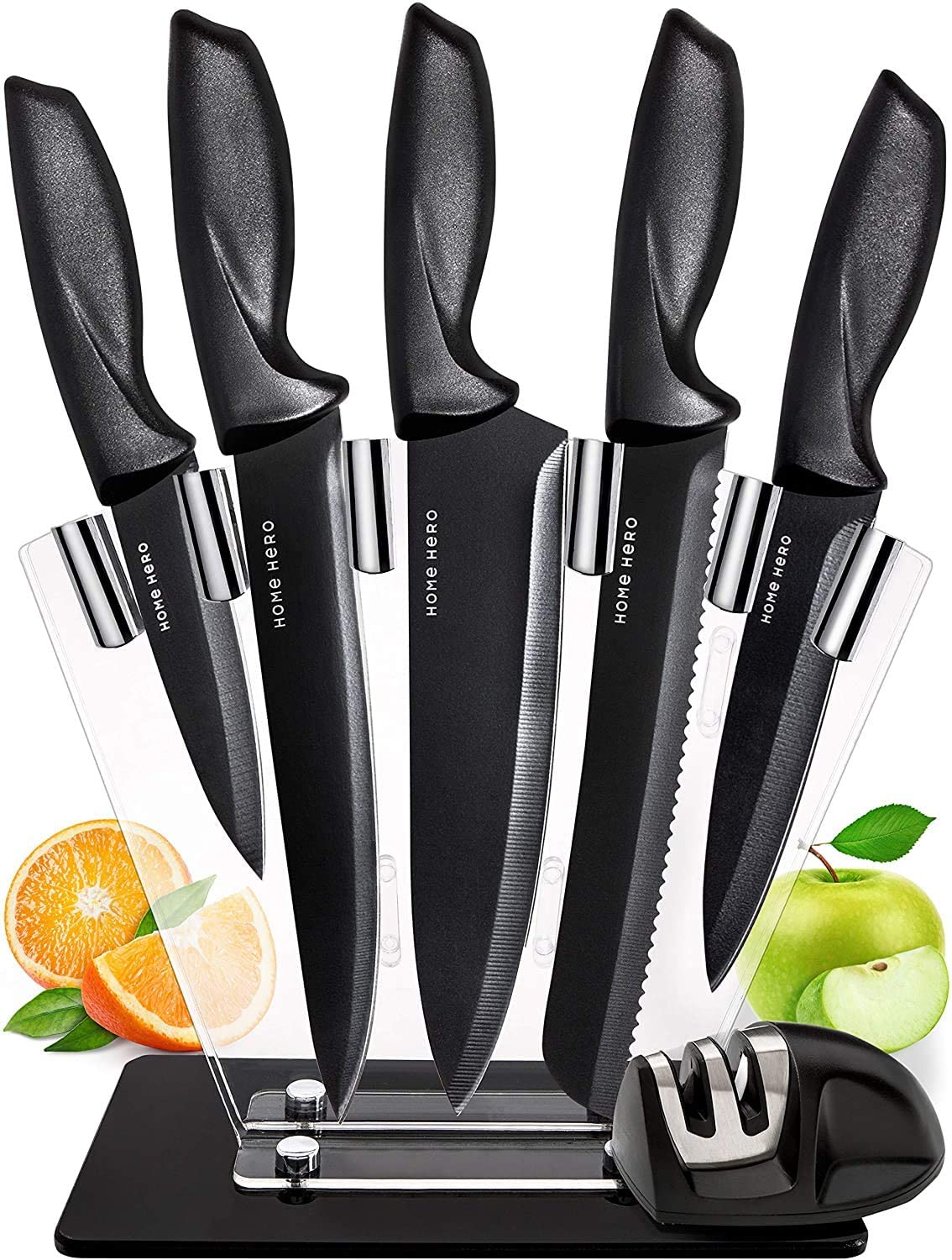 Couteaux de Cuisine Ensemble de couteaux avec support – Plus professionnel Aiguiseur de couteaux – 7 pièces en acier inoxydable Ensembles de couverts par HomeHero