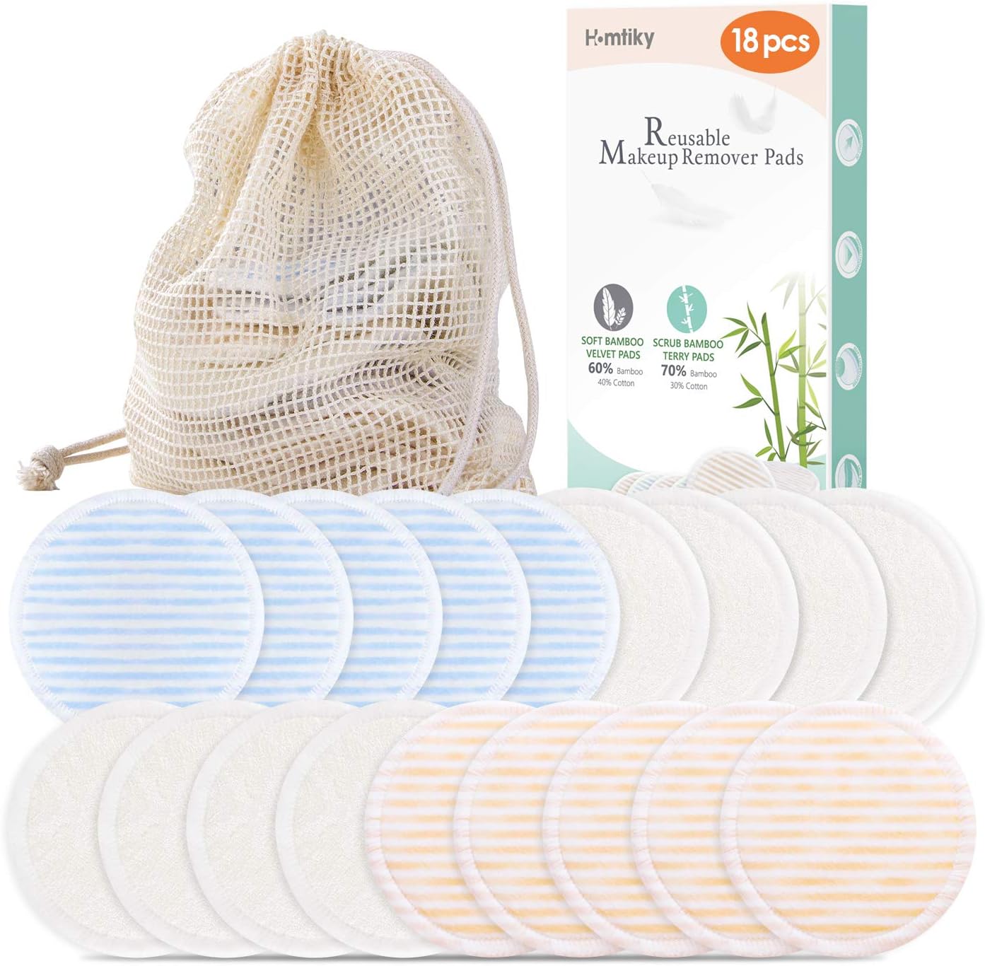 Coton démaquillant lavable 18 PCS Lingette demaquillante lavable réutilisable Biologique + 1 Sac à linge | Tampon Velours (devant) & Fibre du bambou (dos) Super doux Double épaisseur