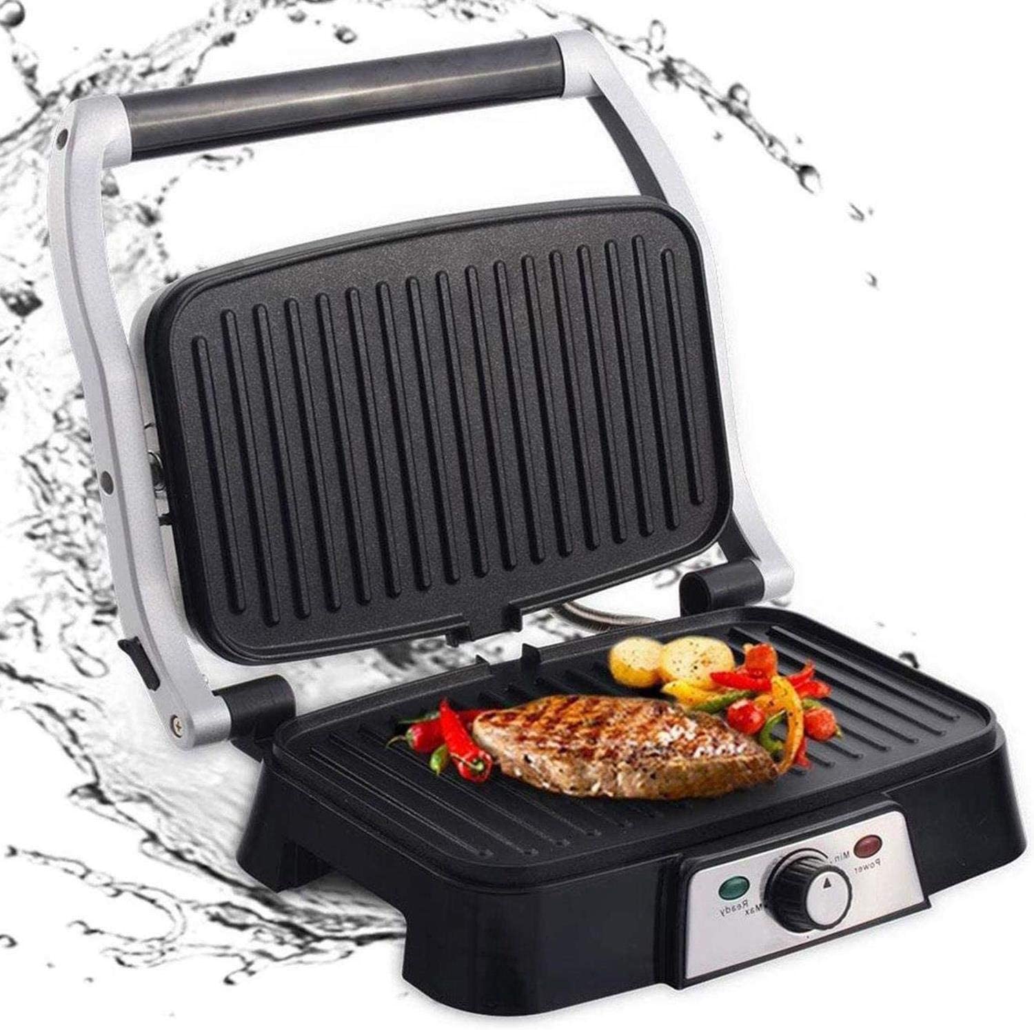 Aigostar Hitte 30HFA - Grill multifonction, plancha, presse à paninis, appareil à sandwichs. 1500W, plaques anti-adhésives, ouverture à 180º, intensité réglable, monture froide. Couleur argent.