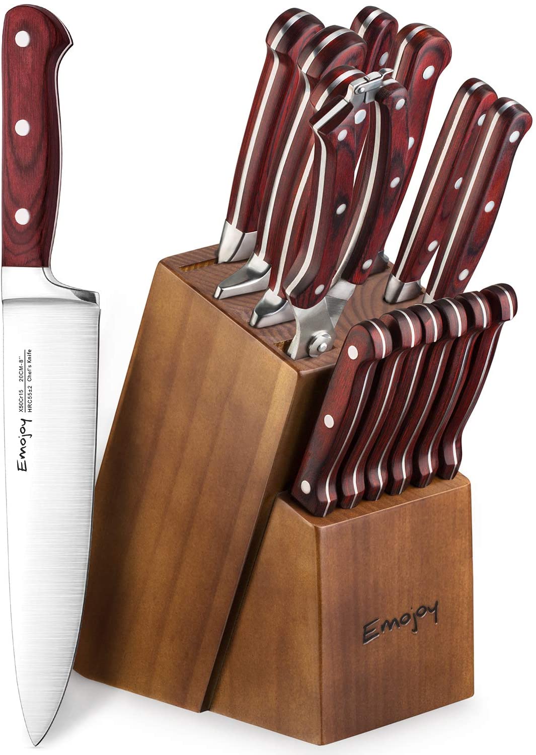 Emojoy Ensemble de Couteaux, 15 pièces Couteau de Cuisine Ensemble avec Bloc en Bois affûtage, Manuel pour Couteau de Chef Set, Allemand en Acier Inoxydable