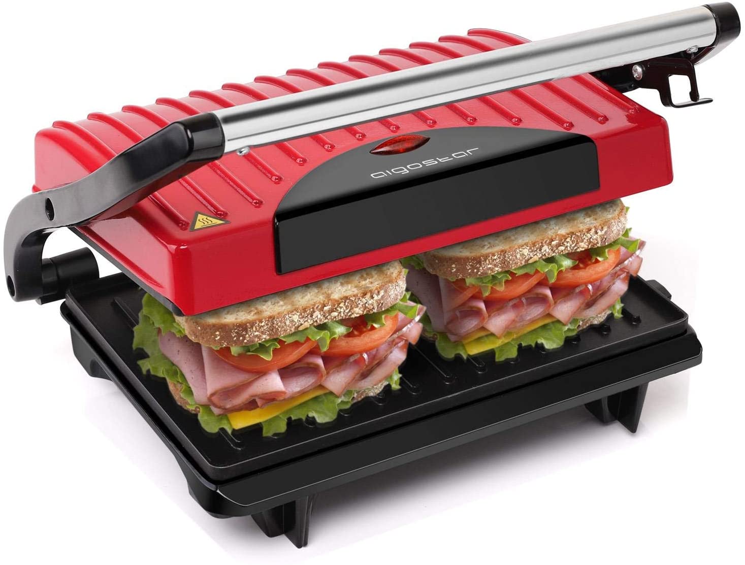 Aigostar Warme 30HHH - Grill multifonction, plancha, presse à paninis, appareil à sandwichs. 700W, plaques anti-adhésives, poignée froide. Sans BPA. Couleur rouge et noir. Design exclusif.