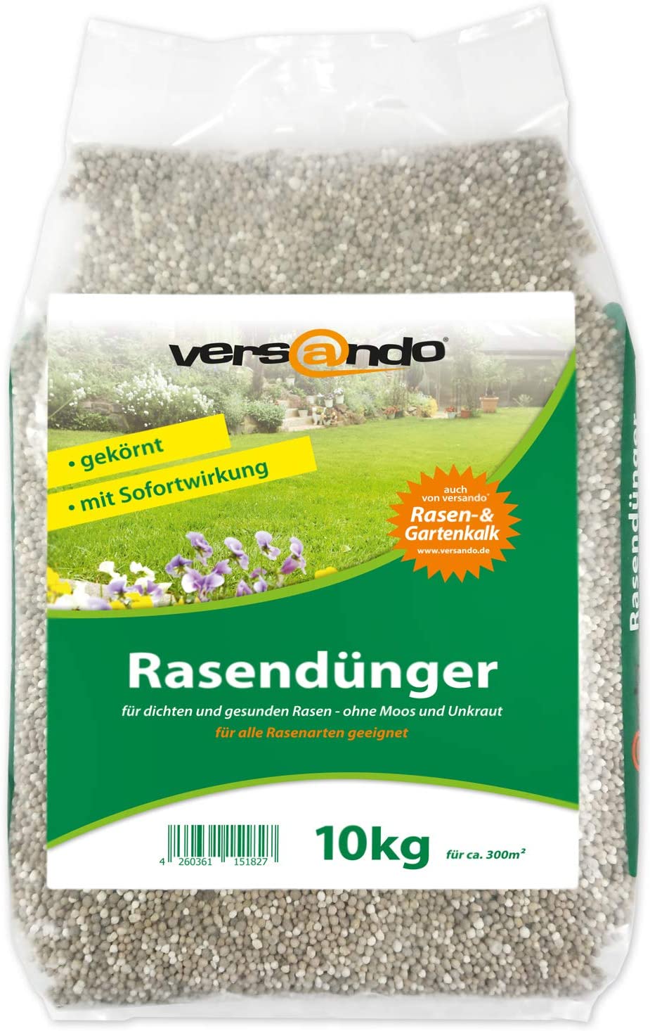 Engrais pour gazon de la marque Versando - sac de 10 kg pour env. 300 m² de gazon - agit sur la mousse et les mauvaises herbes, engrais NPK avec effet immédiat