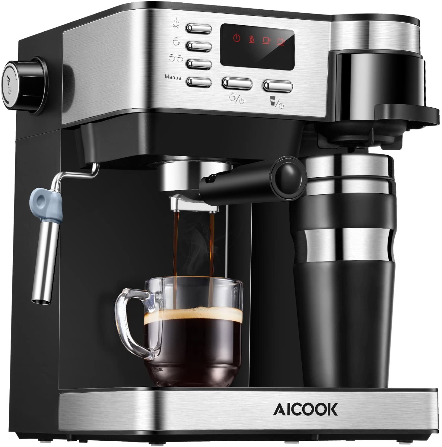 Aicook Machine à Café Espresso, Cafetiere Italienne 3 in 1 ( Machine à expresso et cappuccino avec mousseur à lait, Cafetiere Expresso 15 bars, Cafetiere Américaine ) Tasse Thermos