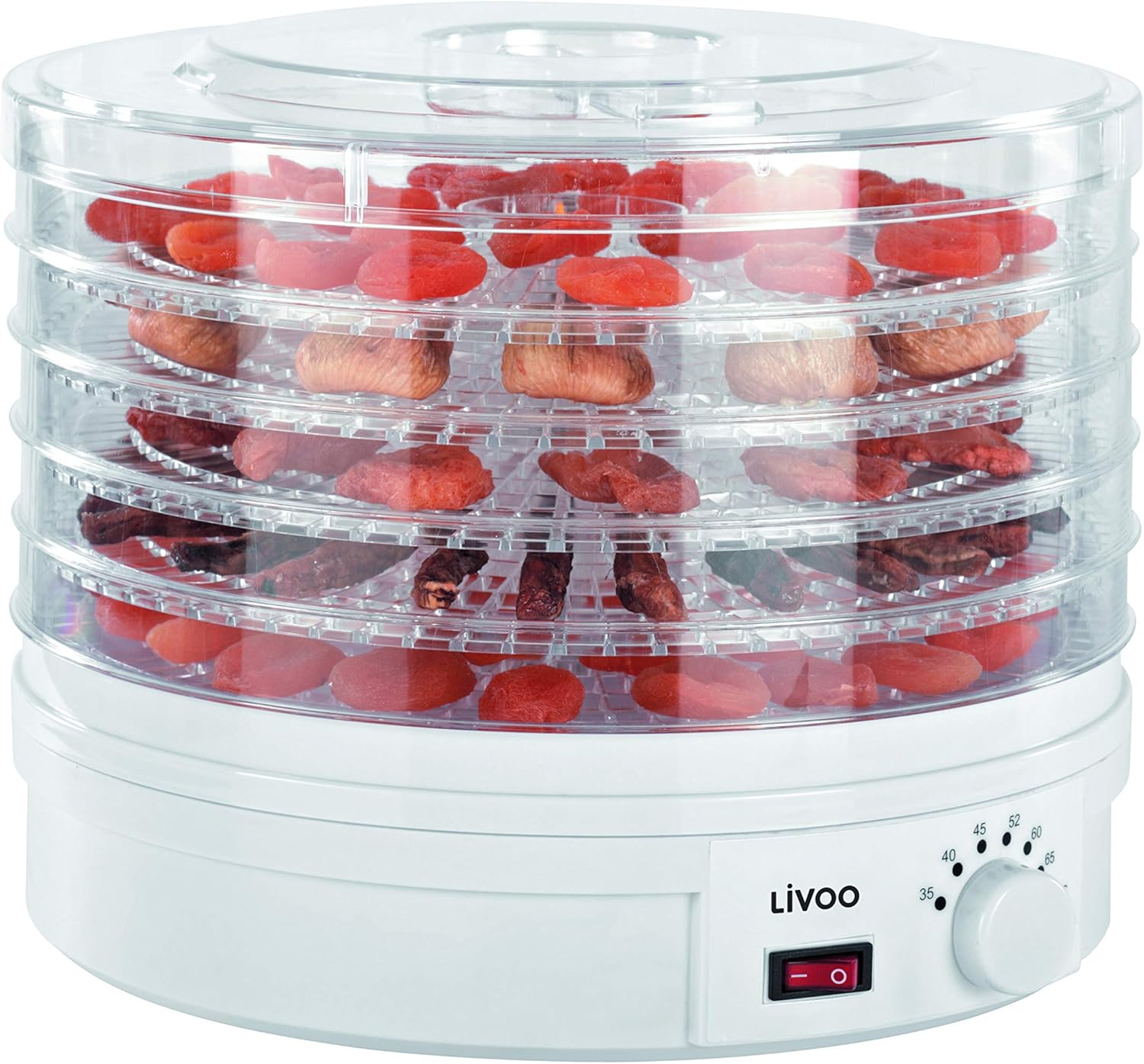 LIVOO DOM202 Aliments | 5 Plateaux | Température Réglable | Déshydrateur Fruits et légumes, 250 W, Blanc