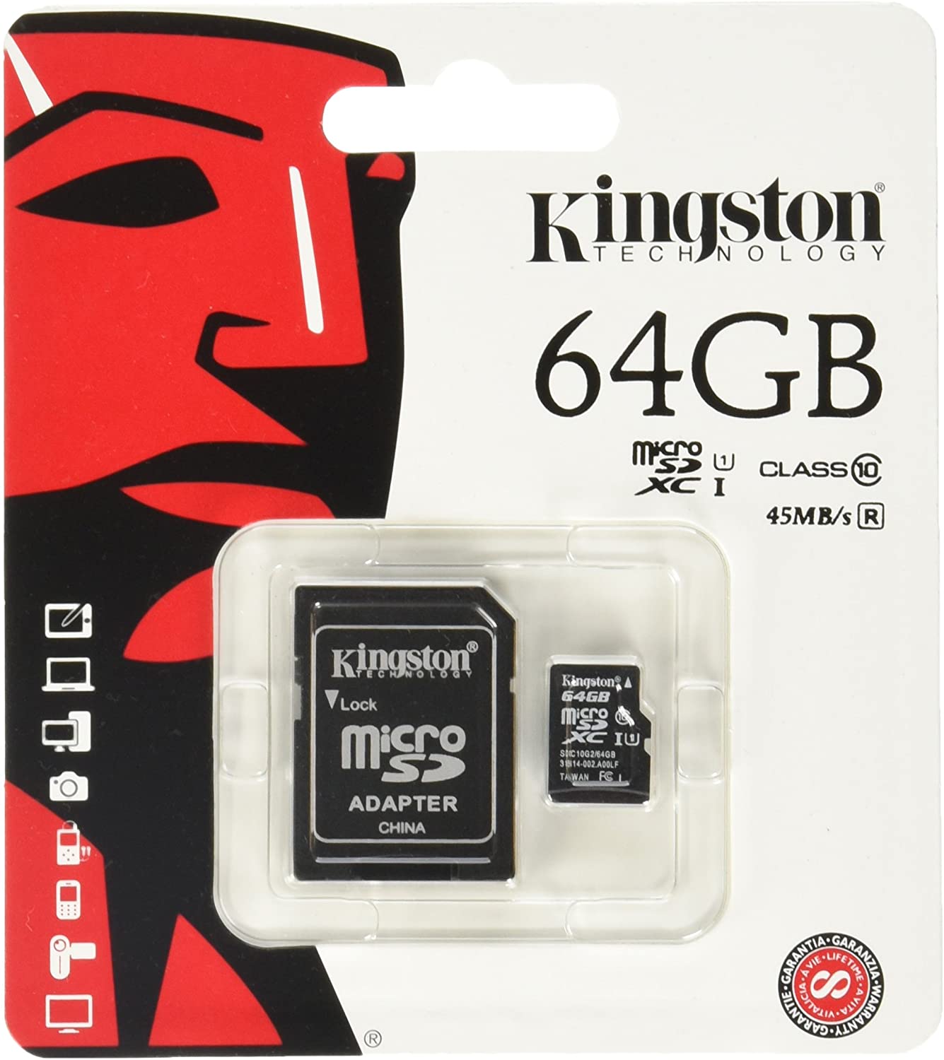 Kingston SDCX10/64GB Carte micro SDHC/SDXC Classe 10 UHS-I de 64Go vitesse minimum de 10MB/s avec adaptateur SD