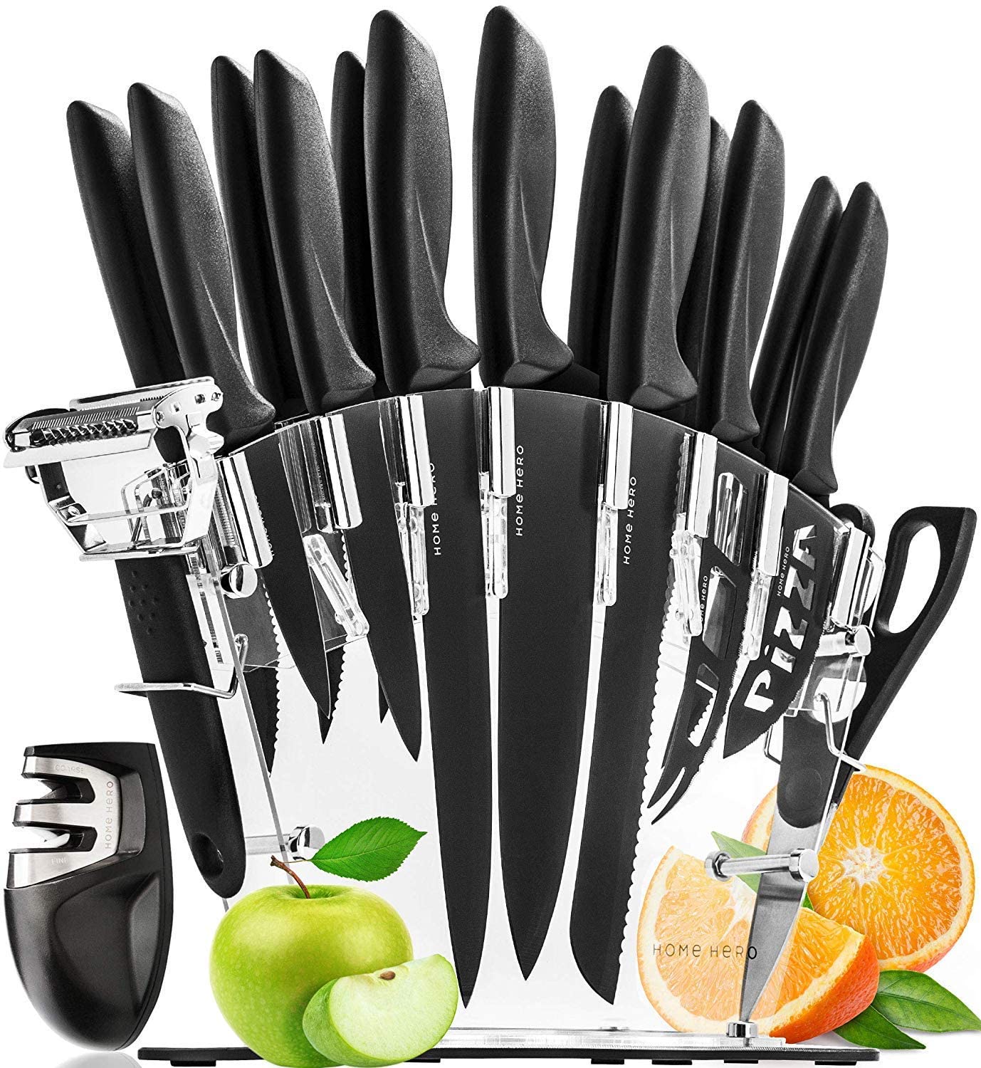 HomeHero Ensemble de Couteaux de Cuisine avec Bloc et Aiguiseur - Set Couteau Cuisine Professionnel en Acier Inoxydable - 6 Couteaux à Steak, Chef, Pain, Pizza, Fromage et Plus - Éplucheur Offert