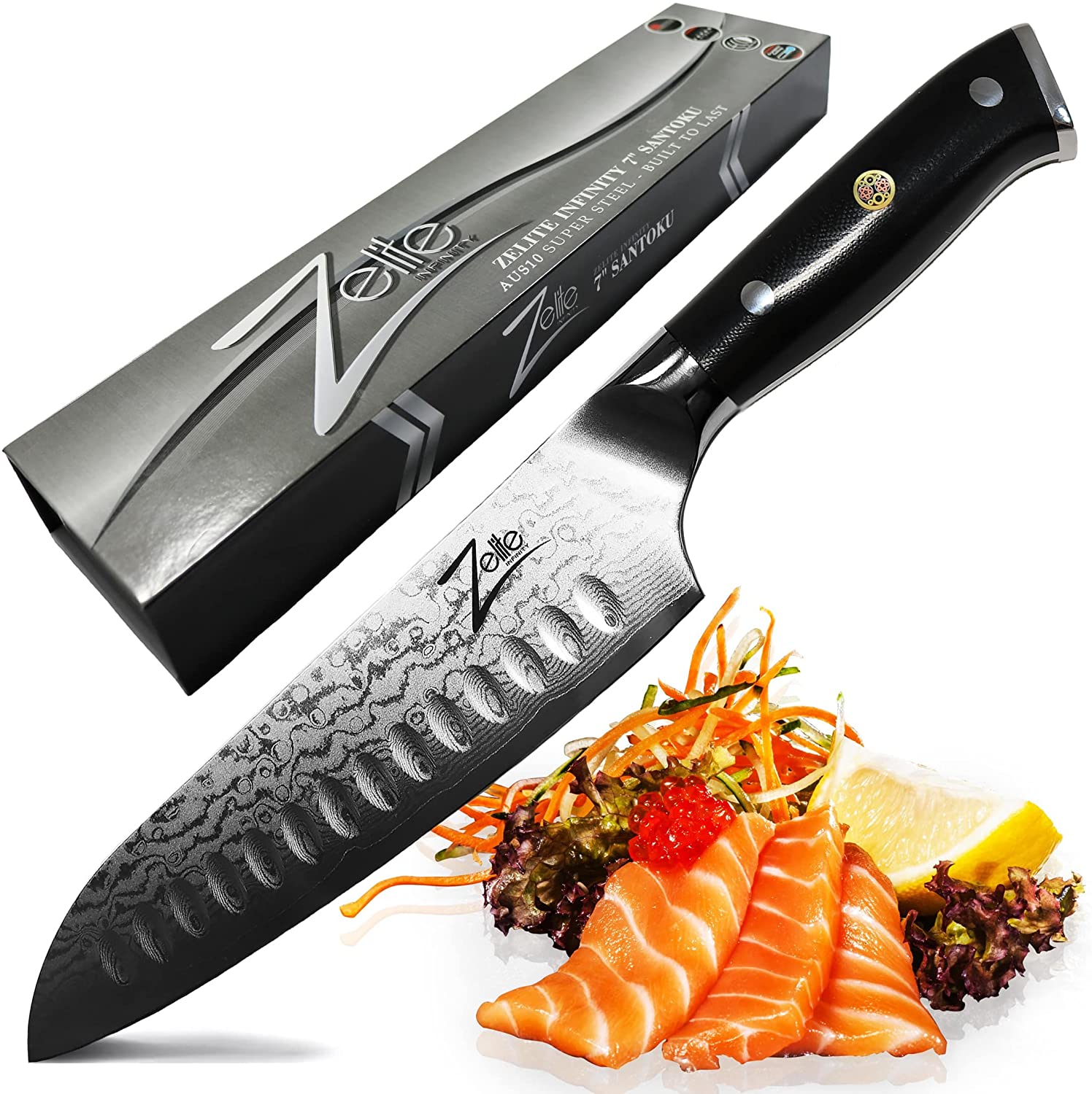 Zelite Couteau Santoku 7 Pouces - Série Alpha-Royal - Meilleure qualité AUS10 Japonais Super Steel 67 Couches en Acier Inoxydable à Haute teneur en Carbone, poignée G10 Incroyable, Pleine saveur