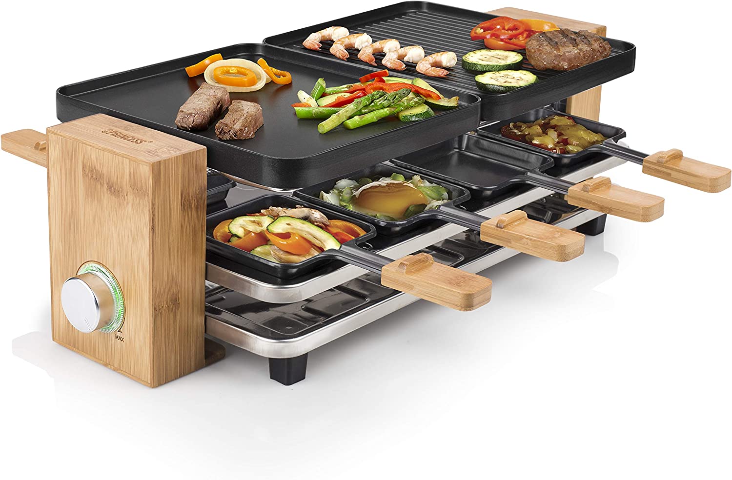 Raclette Princess 162910 Pure 8 – Espace rangement unique pour coupelles – Châssis en bambou