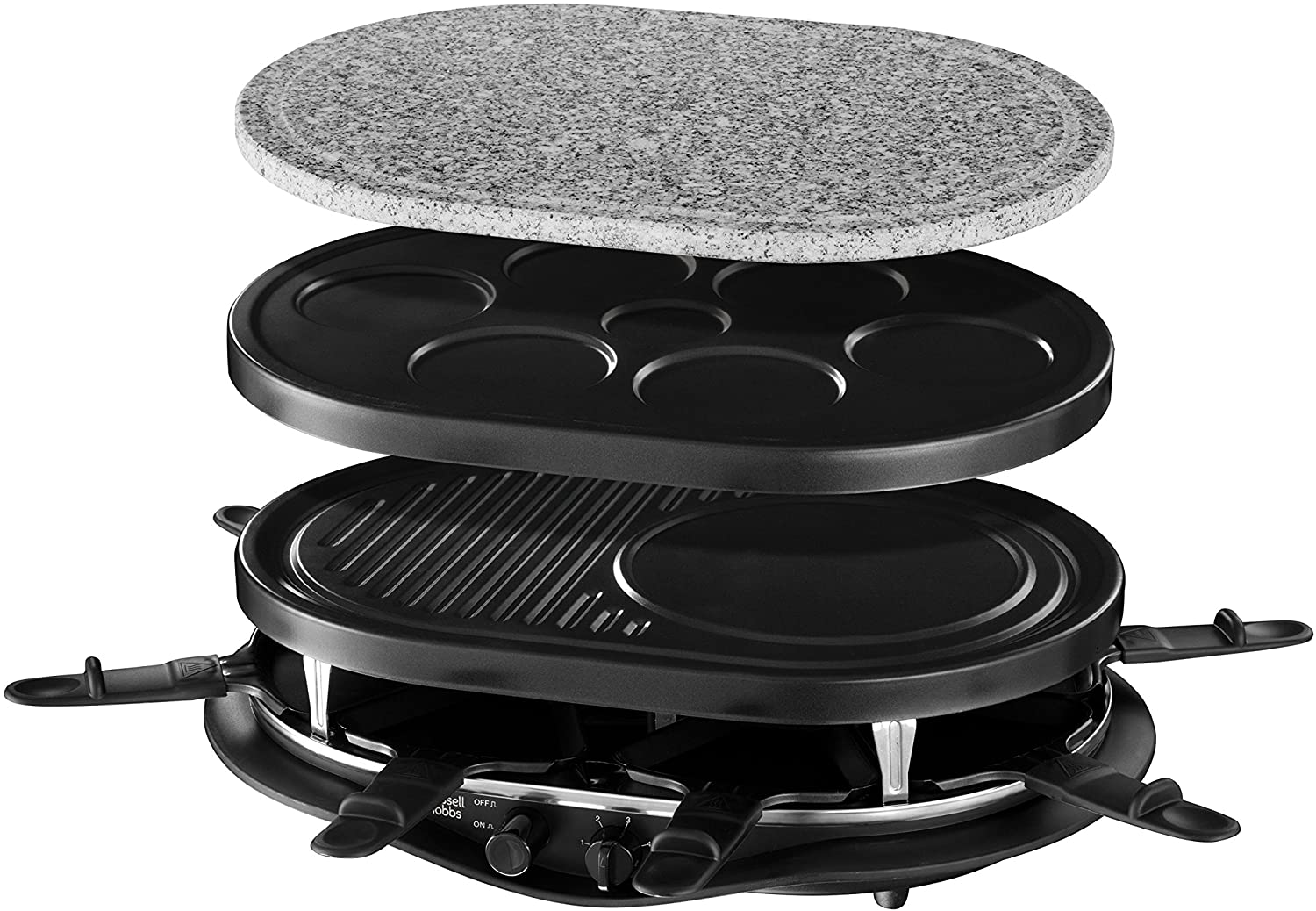 Russell Hobbs 21000-56 Appareil Raclette Multifonction Fiesta 1200W 8 Personnes, Pierre à Griller, Plaque Grill, Plaques Crêpes, Compatibles Lave-Vaisselle