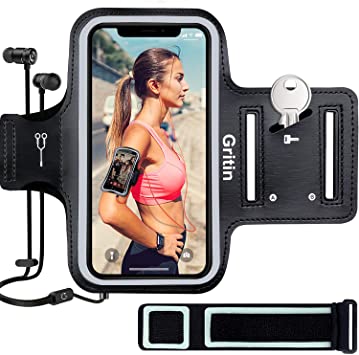Gritin Brassard de Sport, Universel Brassard de Course pour iPhone 8 plus/7/6/X/XR/11/11 Pro,S10/S9/S9+ Jusqu'à 6.1 Pouces Ajustable Sangle d'extension Écologique Lycra Porte-Clés Poche de Carte 