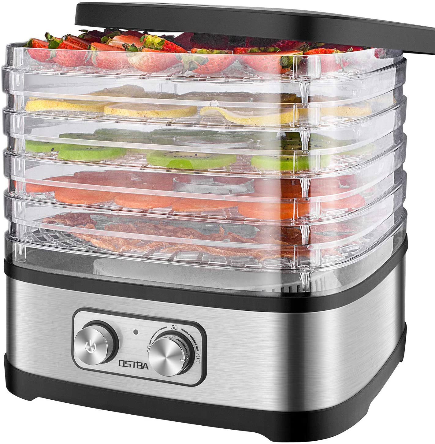 OSTBA Déshydrateur Alimentaire Déshydrateur de Machine Alimentaire pour Boeuf Séché, Fruits, Déshydrateur Électrique de Température Réglable avec 5 Plateaux sans BPA, 240W, Livre de Recettes Inclus