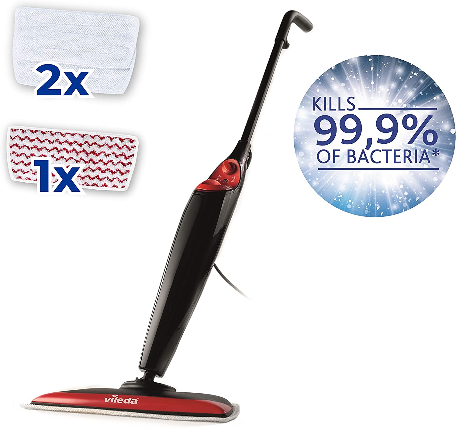 Vileda – Balai vapeur Steam XXL – Nettoyeur vapeur multi-surfaces – Idéal pour tous types de sols et moquette – Patin de rechange inclus, Noir/Rouge