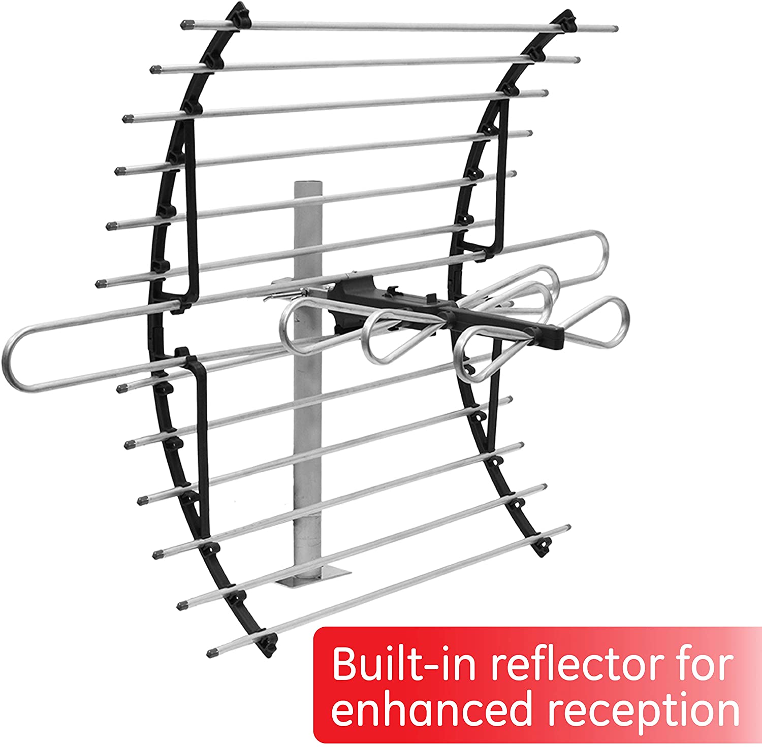 GE 33692 Grenier Plat HD TV antenne – 96,6 km Range – Intérieur Longue portée Design Compact avec Support de Fixation pour VHF/UHF canaux – optimisé pour FullHD 1080p et 4 K prêt