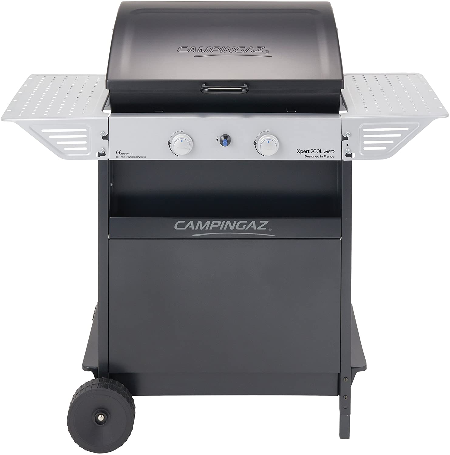 Campingaz Barbecue à gaz Xpert 200 L Vario, Barbecue compact 2 brûleurs, Puissance 7.1kW, Grille et plancha en acier, 2 tablettes latérales et chariot en acier