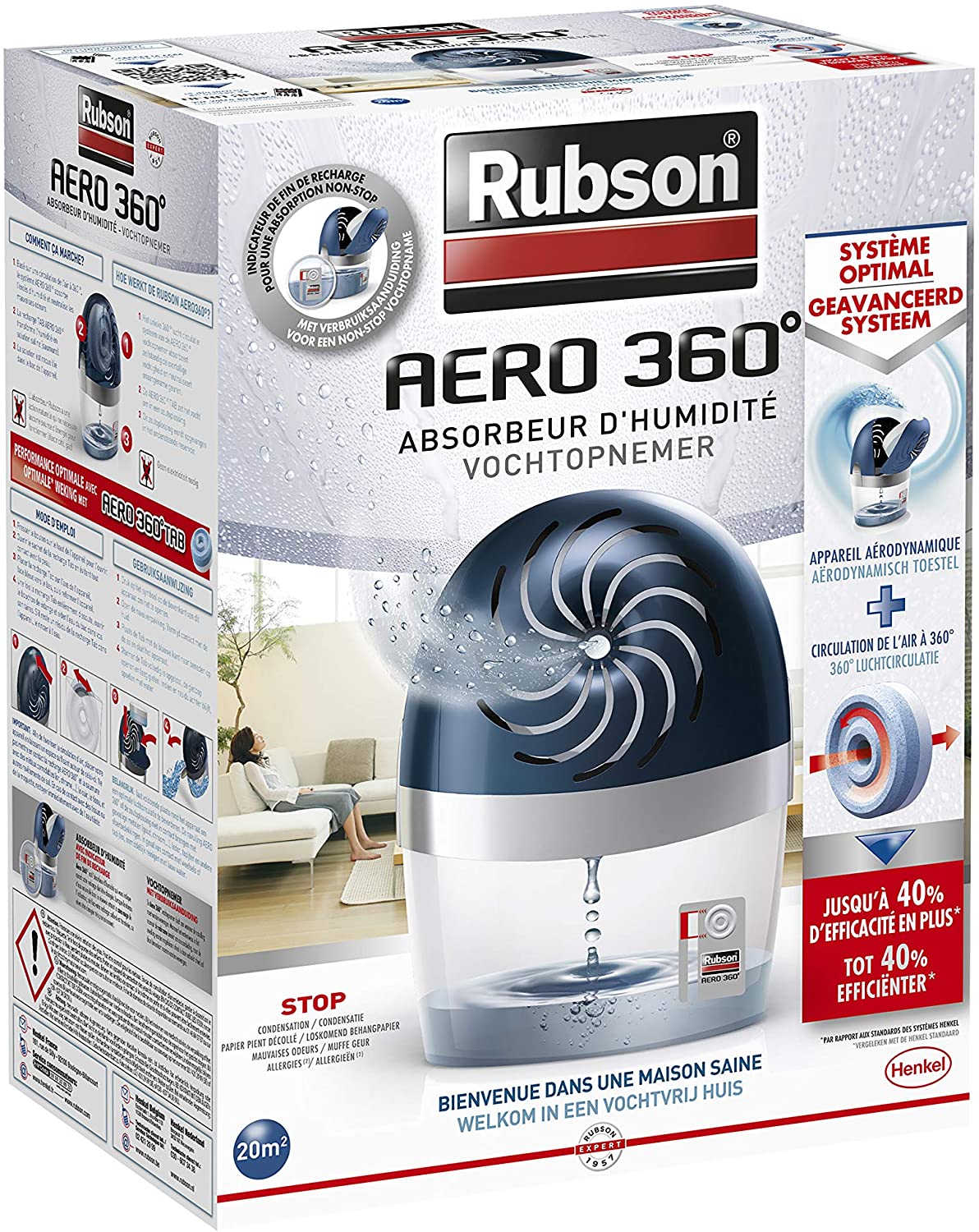 Rubson AERO 360º Déshumidificateur d'air pour la maison, absorbeur d'humidité et anti odeurs pour pièces de 20 m², inclus 1 recharge neutre de 450 g