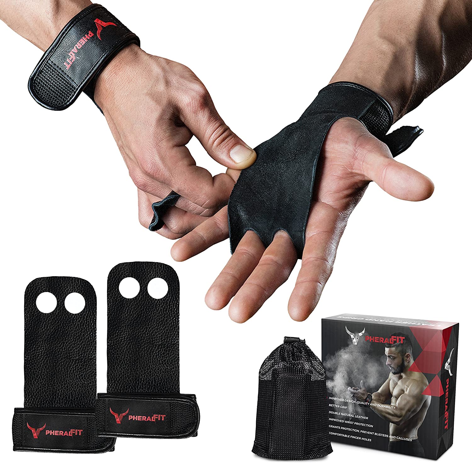 PHERAL FIT Cuir Naturel Poignées à partir de Poignées de Gymnastique avec Support de Poignet pour Crossfit, Wods, Traction UPS, Menton UPS, Kettlebels, et Levage de Poids